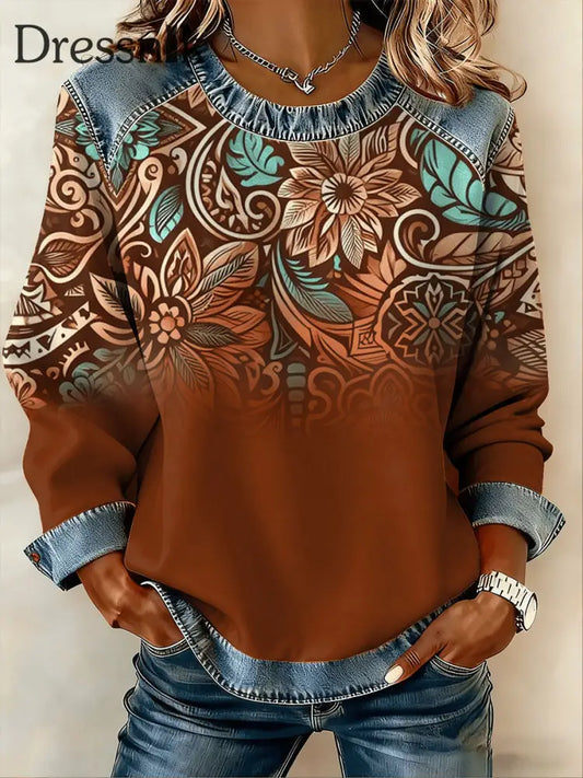 Damen Retro Western Denim Patchwork Top Dunkelbraun / S