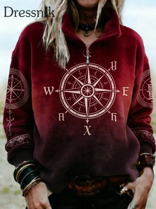 Damen Retro Wikinger Kompass Gradient Art Casual Fleece Sweatshirt Weinrot / S