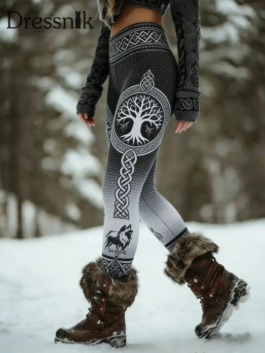 Damen Retro Wikinger Wolf Keltischer Knoten Baum des Lebens Steigung Sport Stretch Leggings Grau / S