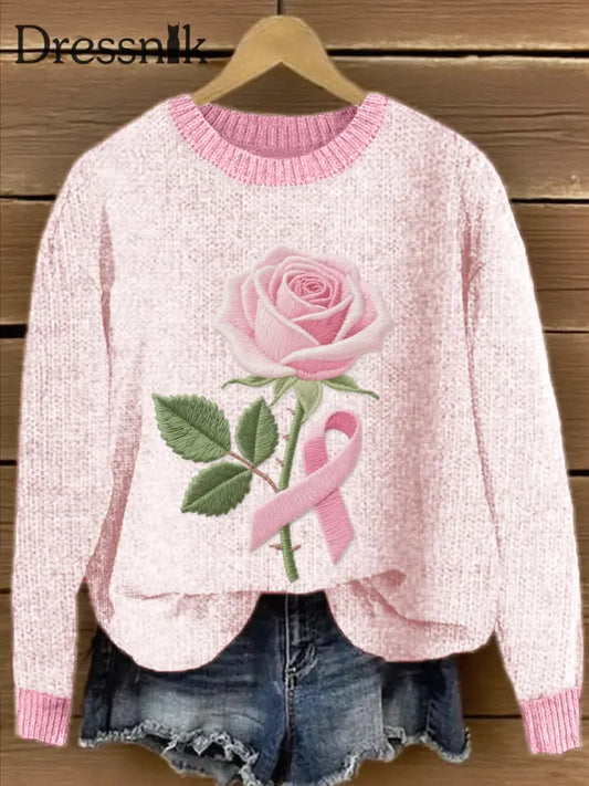 Damen Rosa Band & Blumen bestickte Strick pullover Rosa / S