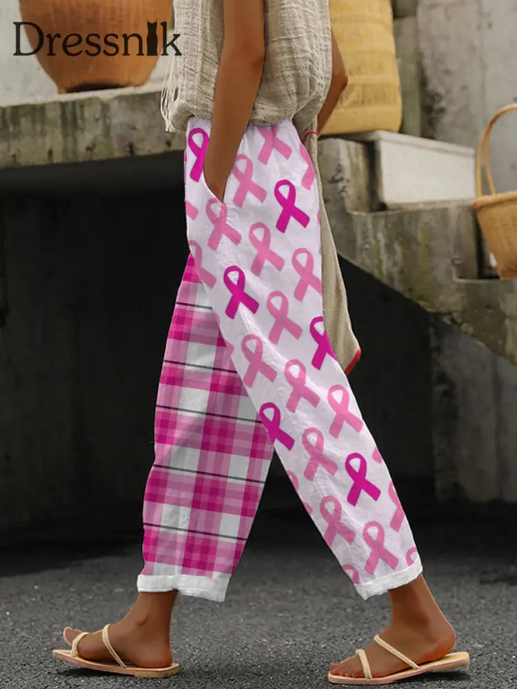 Damen rosa Band Check Print Freizeit hose Rosa / S