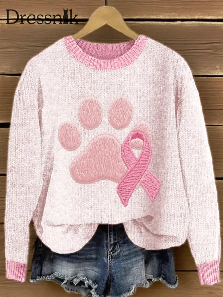 Damen Rosa Band & Pfote Bestickte Strick pullover Rosa / S