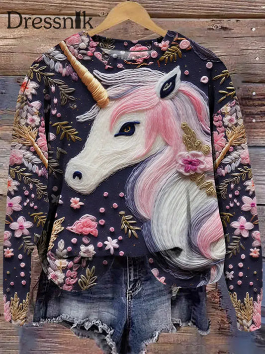 Damen Rosa Einhorn Stickerei 3D-Druck Rundhals Bequem Lange Ärmel Sweatshirt Als Foto / S