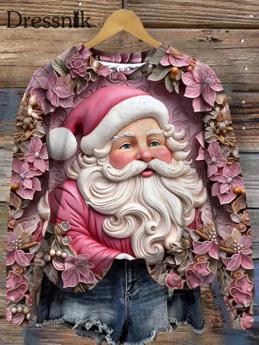 Damen Rosa Geprägte Blume Weihnachts Mann 3D Gedruckt Lose Basic Langarm Sweatshirt A / S