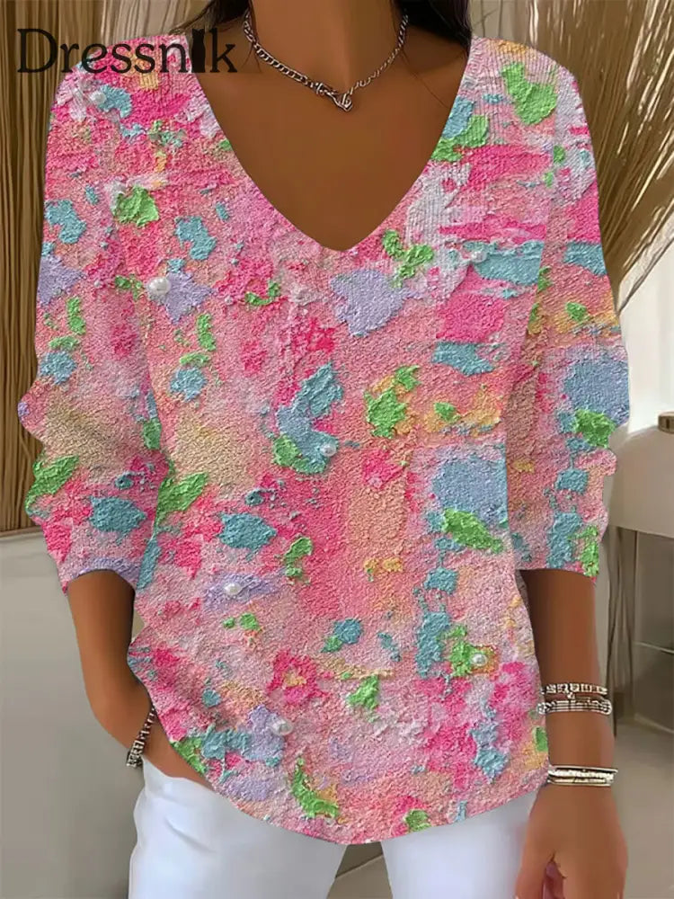 Damen Rosa Kunstdruck Casual Top Rosa / S