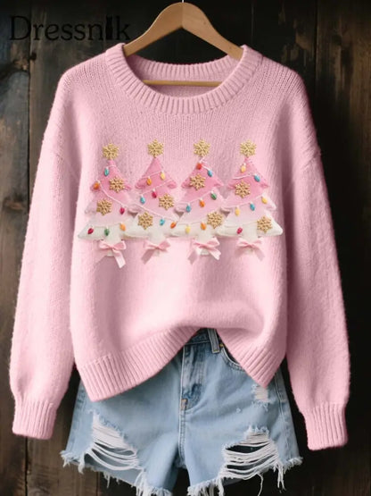 Damen rosa Weihnachts baum Muster Gemütlicher Strick pullover Hellrosa / S