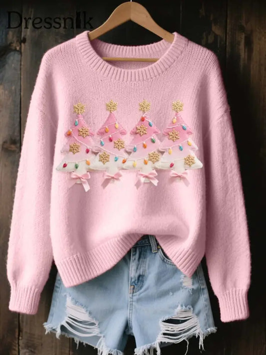 Damen rosa Weihnachts baum Muster Gemütlicher Strick pullover Hellrosa / S