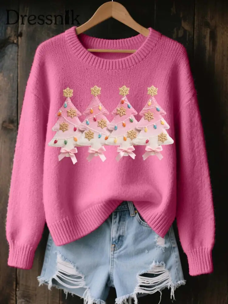 Damen rosa Weihnachts baum Muster Gemütlicher Strick pullover Rosa / S
