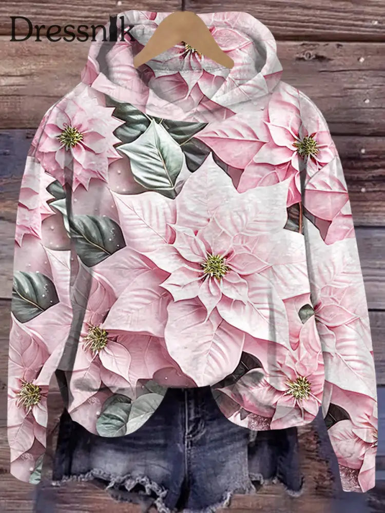 Damen Rosa Weihnachts Blumen 3D-Druck Rundhals Locker Komfortabler Langarm Hoodie Als Foto / S