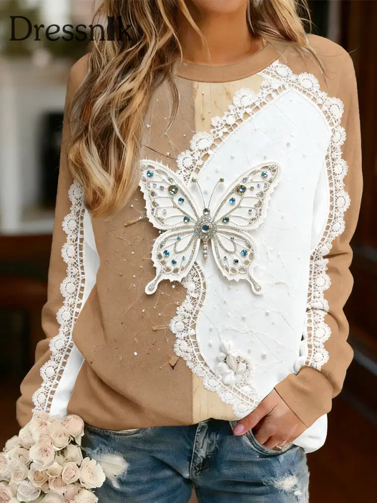 Damen-Schmetterlings-Spitze Patchwork-Print lässig lang ärmelig T-Shirt Kaffee / S