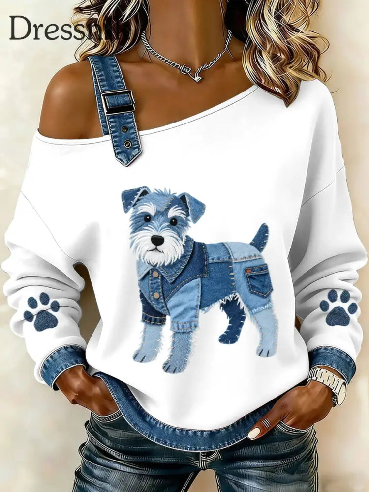 Damen-Schnauzer-Hunde muster Denim-Patchwork-Top Weiß / S