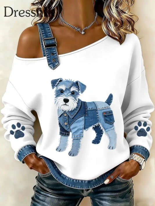Damen-Schnauzer-Hunde muster Denim-Patchwork-Top Weiß / S