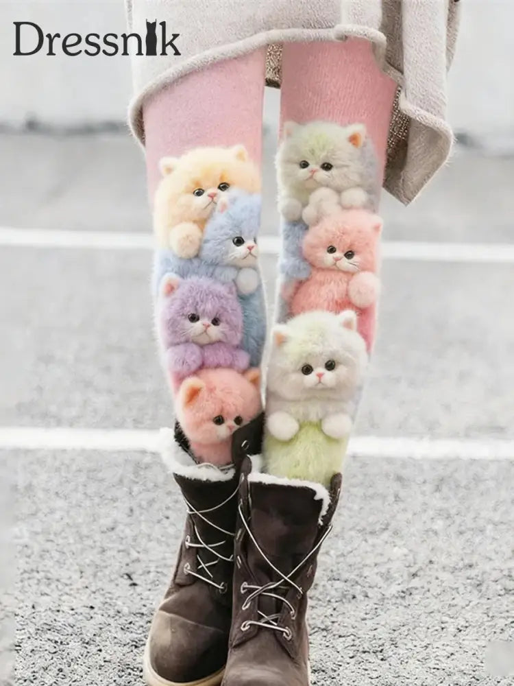 Damen schöne bunte flauschige Katzen Gemütliche Strick-Samt-Leggings Rosa / S