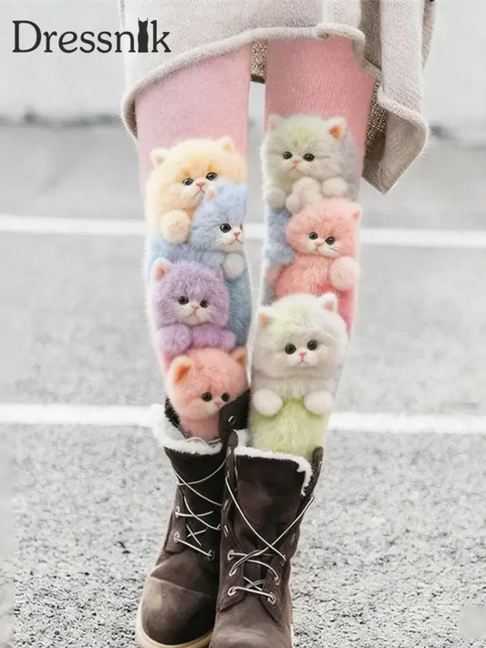 Damen schöne bunte flauschige Katzen Gemütliche Strick-Samt-Leggings Rosa / S