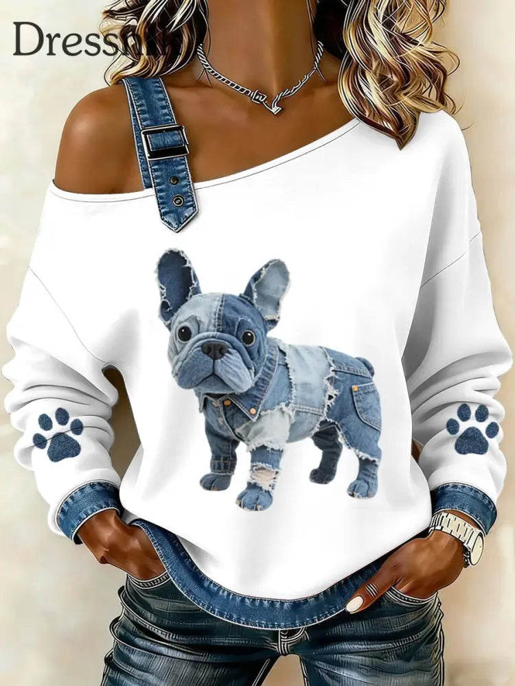 Damen schöne französische Bulldogge Muster Denim Patchwork Top Weiß / S