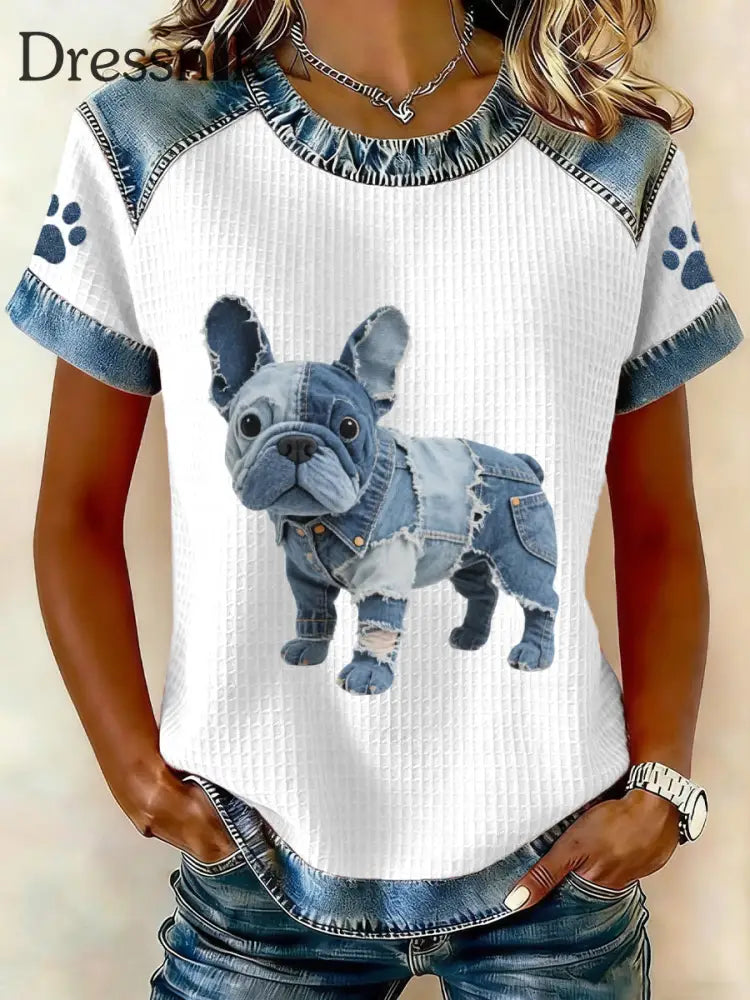 Damen schöne französische Bulldogge Muster Denim Patchwork Top Weiß / S
