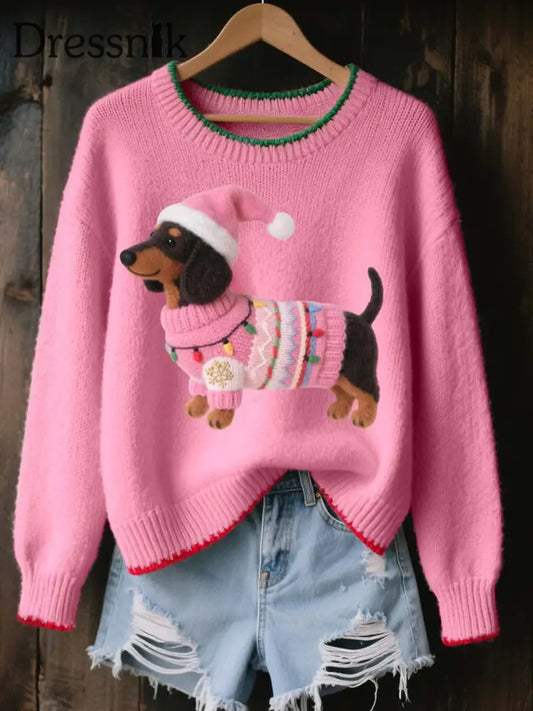 Damen schöne Weihnachts dackel Filz kunst Gemütlicher Strick pullover Rosa / S