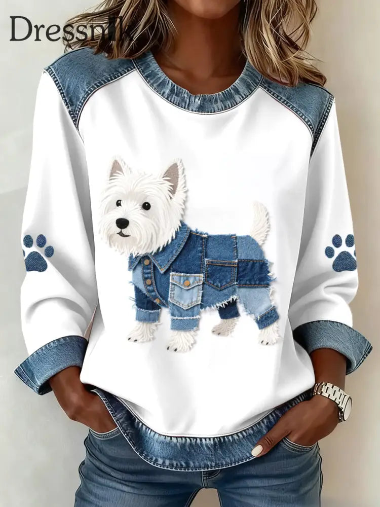 Damen schöne West Highland White Terrier Muster Denim Patchwork Sweatshirt als bild / S