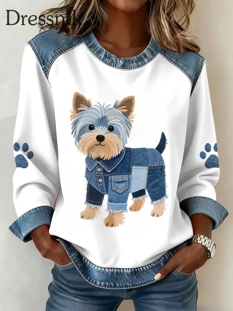 Damen schöne Yorkshire Terrier Hunde muster Denim Patchwork Sweatshirt Weiß / S