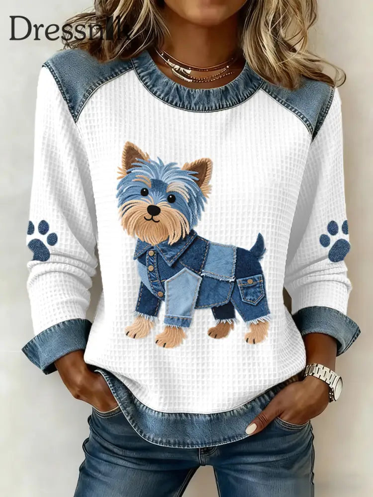 Damen schöne Yorkshire Terrier Muster Denim Patchwork Waffel Sweatshirt Weiß / S