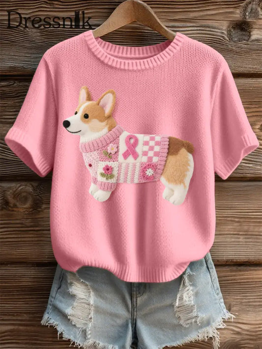 Damen schönes Corgi Muster Filz kunst Gemütliches Strick oberteil Rosa / S