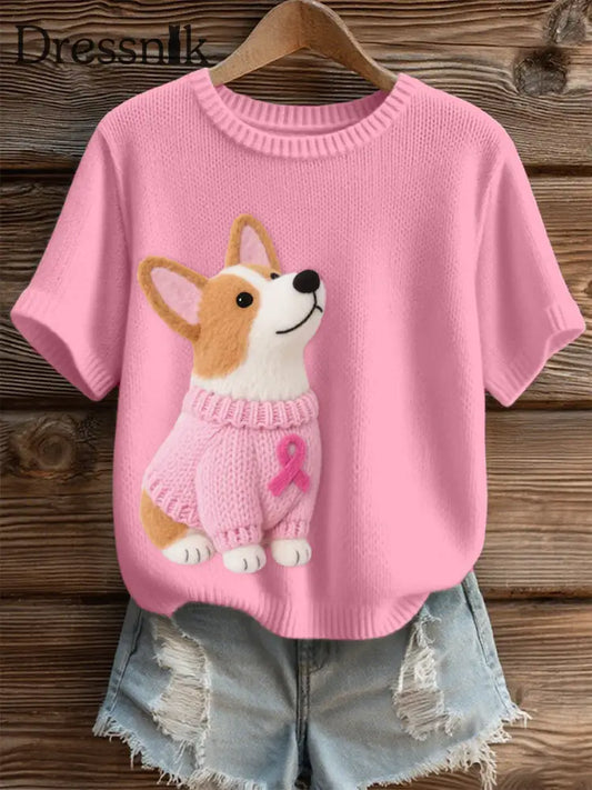 Damen schönes Corgi Muster Filz kunst Gemütliches Strick oberteil Rosa / S