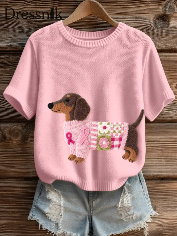 Damen schönes Dackel muster Filz kunst Gemütliches Strick oberteil Rosa / S