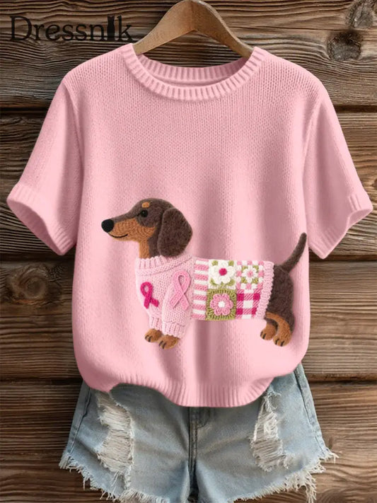 Damen schönes Dackel muster Filz kunst Gemütliches Strick oberteil Rosa / S