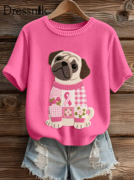Damen schönes Mops Muster Filz kunst Gemütliches Strick oberteil Rosa / S