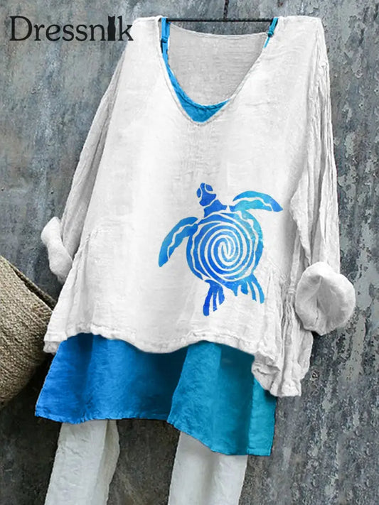 Damen-Sea Turtle Kunstdruck Leinen hemd als bild / S