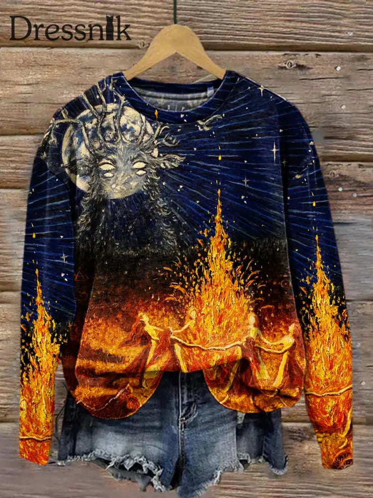 Damen Stilvoll Und Elegant Kunst Bonfire Print Rundhals Langarm Top A / S