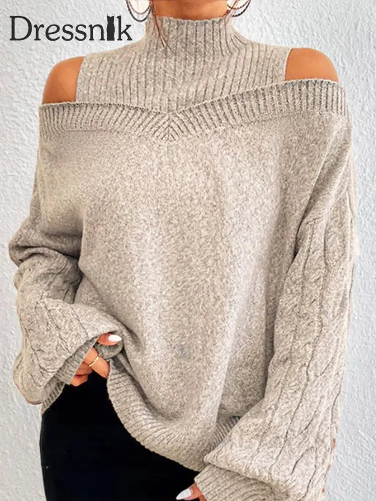 Damen-Strick pullover mit hohem Ausschnitt lang ärmelig schulter frei Aprikose / S