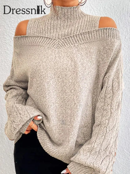 Damen-Strick pullover mit hohem Ausschnitt lang ärmelig schulter frei Aprikose / S