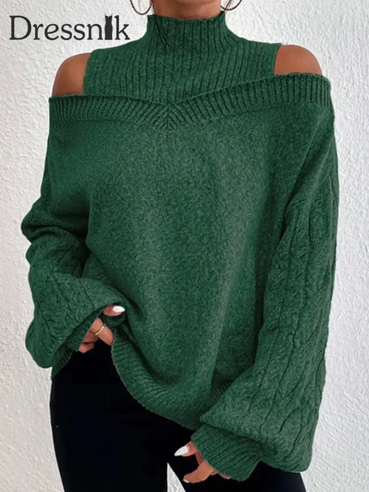 Damen-Strick pullover mit hohem Ausschnitt lang ärmelig schulter frei Armee grün / S