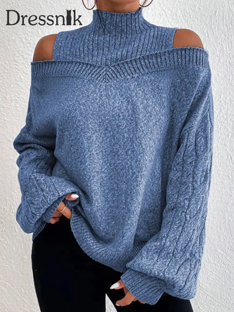 Damen-Strick pullover mit hohem Ausschnitt lang ärmelig schulter frei Blau / S