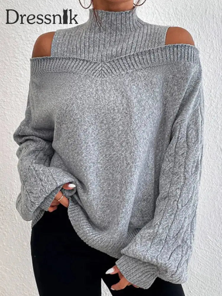 Damen-Strick pullover mit hohem Ausschnitt lang ärmelig schulter frei Grau / S