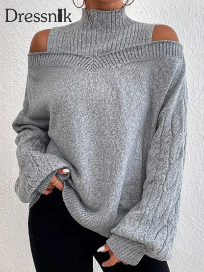 Damen-Strick pullover mit hohem Ausschnitt lang ärmelig schulter frei Grau / S
