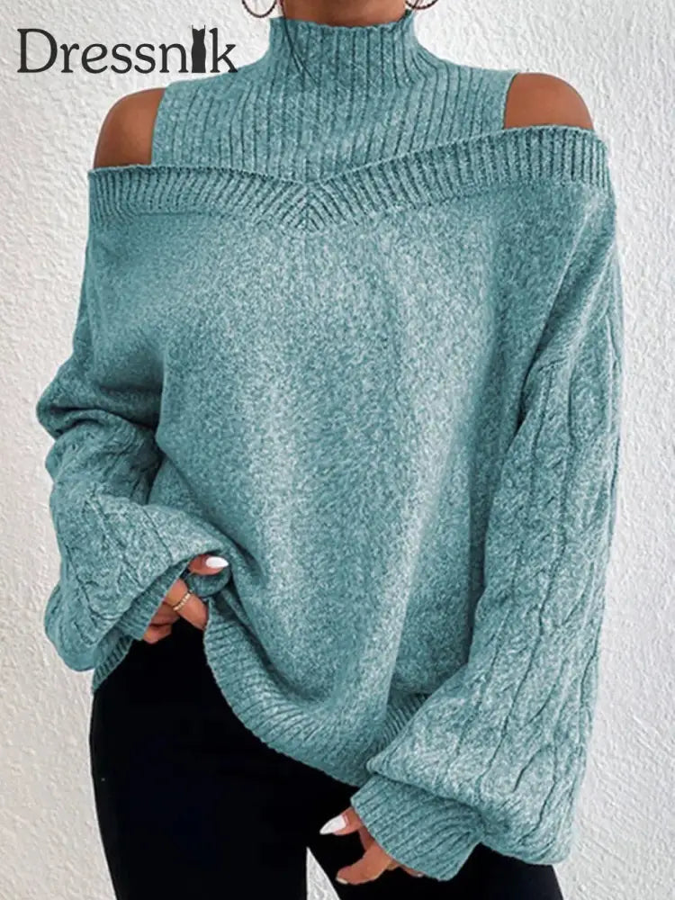 Damen-Strick pullover mit hohem Ausschnitt lang ärmelig schulter frei Grün / S