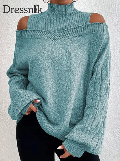 Damen-Strick pullover mit hohem Ausschnitt lang ärmelig schulter frei Grün / S