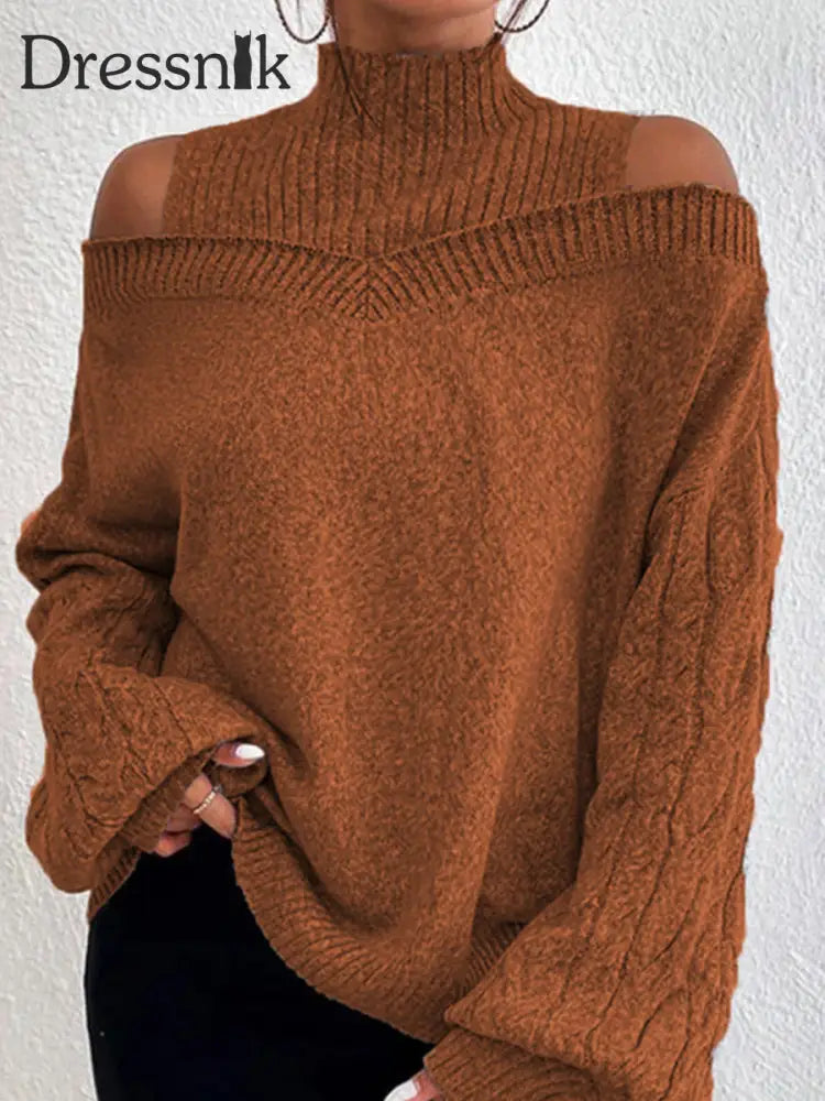 Damen-Strick pullover mit hohem Ausschnitt lang ärmelig schulter frei Ingwer / S