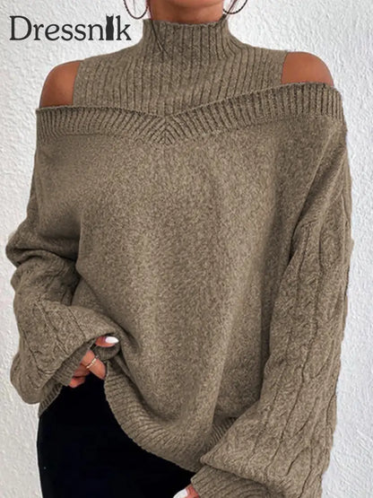 Damen-Strick pullover mit hohem Ausschnitt lang ärmelig schulter frei Khaki / S