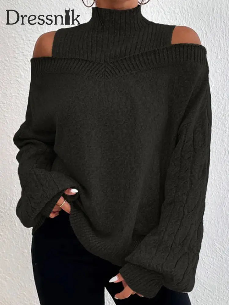 Damen-Strick pullover mit hohem Ausschnitt lang ärmelig schulter frei Schwarz / S