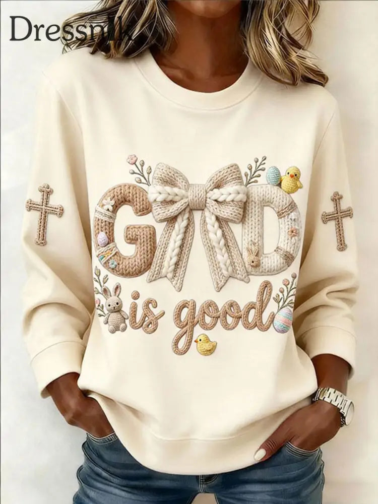 Damen-Sweatshirt ’Gott ist gut’ bedrucktes lässiges Sweatshirt Aprikose / S