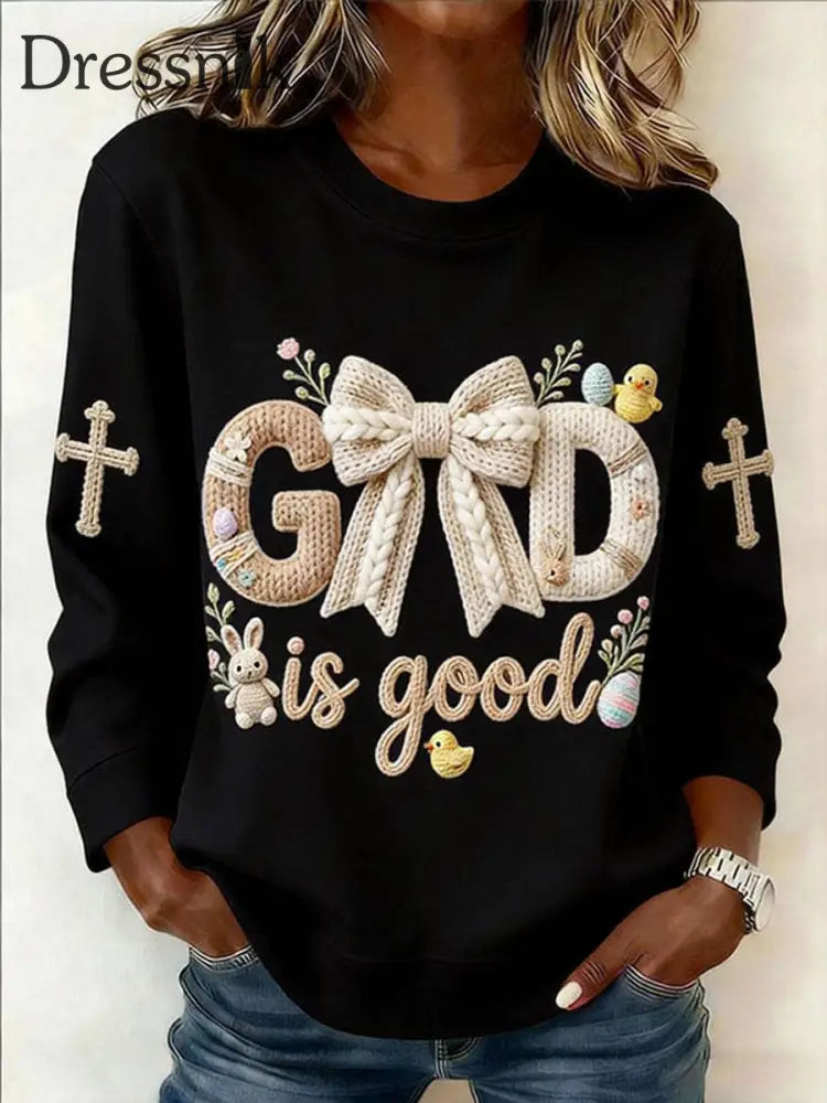Damen-Sweatshirt ’Gott ist gut’ bedrucktes lässiges Sweatshirt Schwarz / S