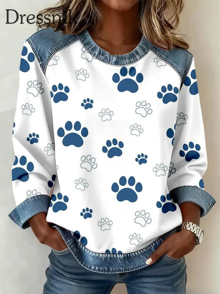 Damen-Sweatshirt mit blauem Pfoten druck Denim Patchwork als bild / S