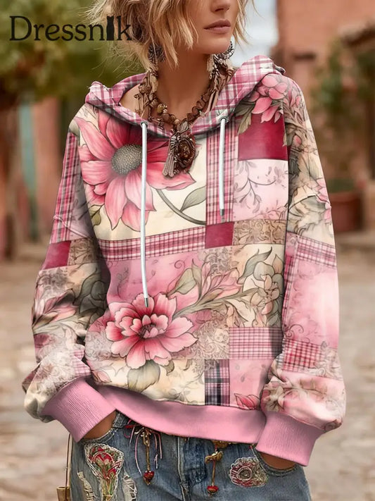 Damen-Sweatshirt mit Blumen-Vintage übergroßes Kapuzen pullover Rosa / S
