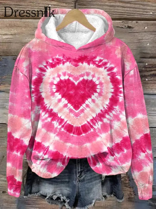 Damen-Sweatshirt Mit Kapuze Und Batikmuster Herzmotiv Zum Valentinstag Pink / S