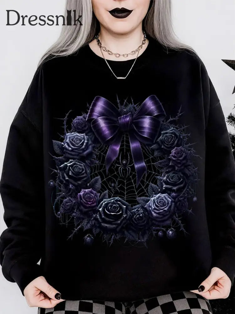 Damen-Sweatshirt mit langem Rundhals ausschnitt Gothic Weihnachts druck Schwarz / S