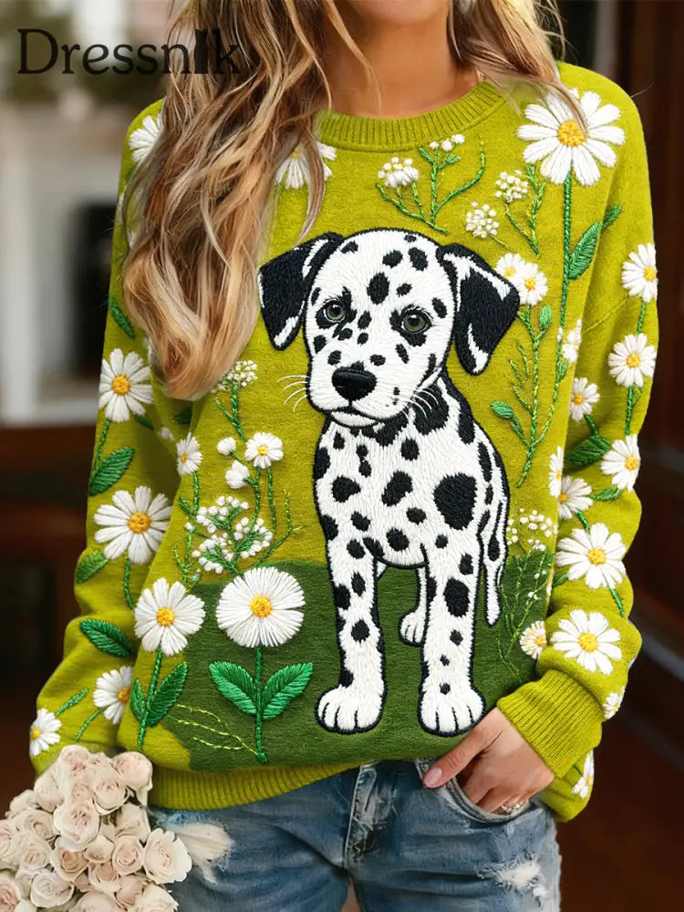 Damen-Sweatshirt mit niedlichem Spotted Dog Print grün lang ärmelig Grün / S