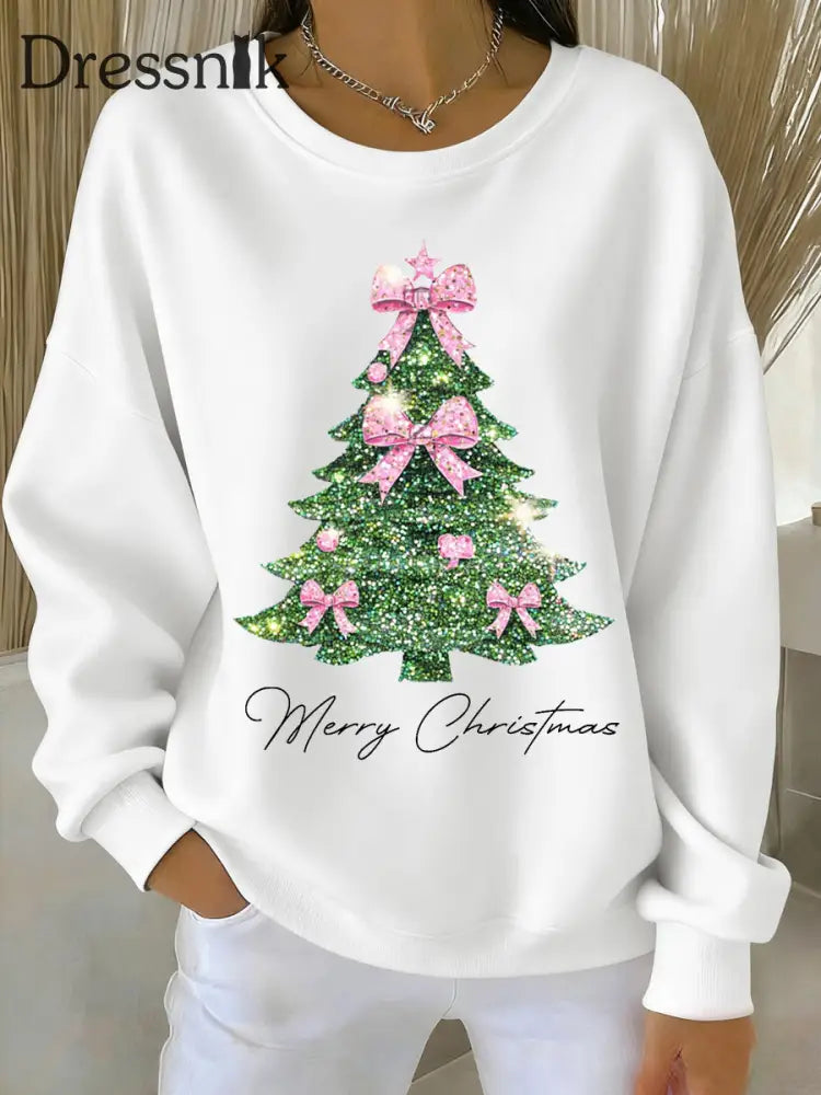 Damen-Sweatshirt mit rosa Weihnachts baum druck Weiß / S